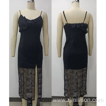 Knitting Black Lace Shoulder Staps Slit Dress